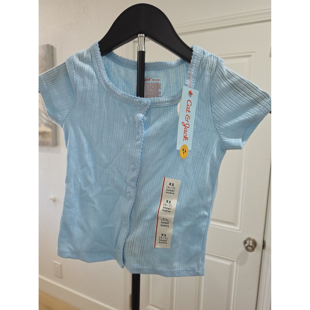 Cat & Jack Girls Short Sleeve Blue Button Up Blouse Size XS 4/5 - Picture 1 of 6